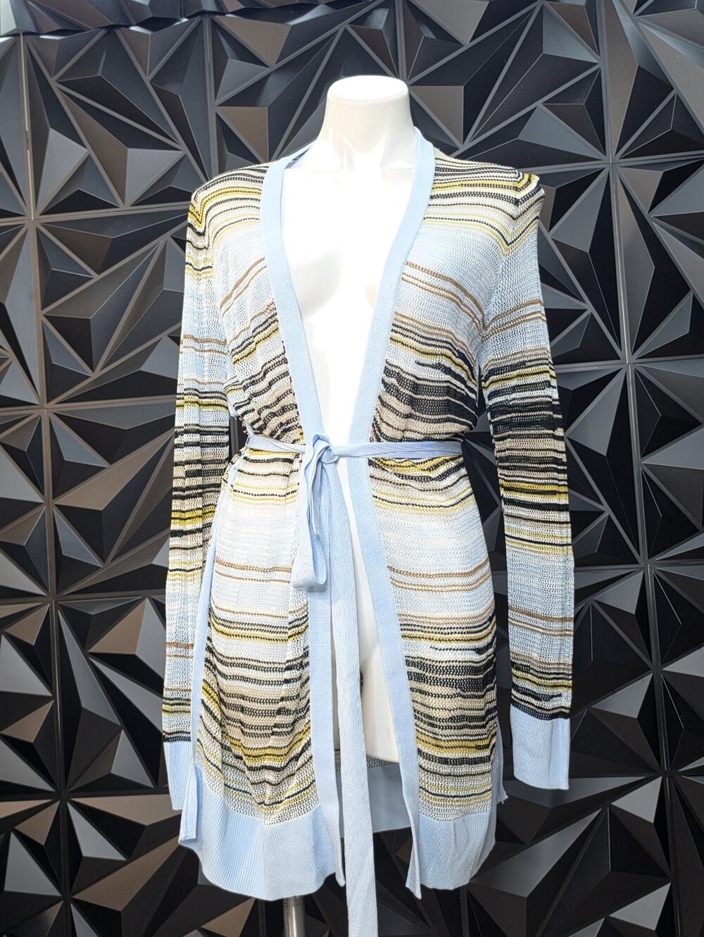 White House Black Market Light Blue Striped Tie-Waist Cardigan